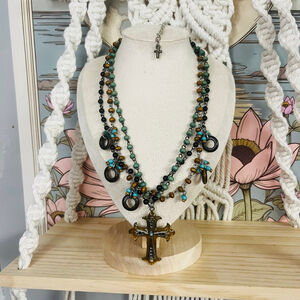 Boho Turquoise‎ & Brown Beaded Cross Necklace